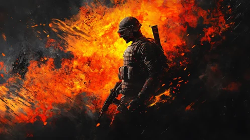 Armored soldier silhouette within molten fire blast.