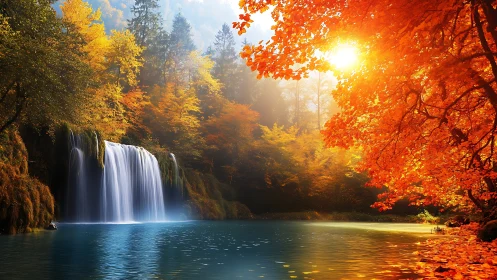 Sunlit autumn waterfall over calm blue forest pool.