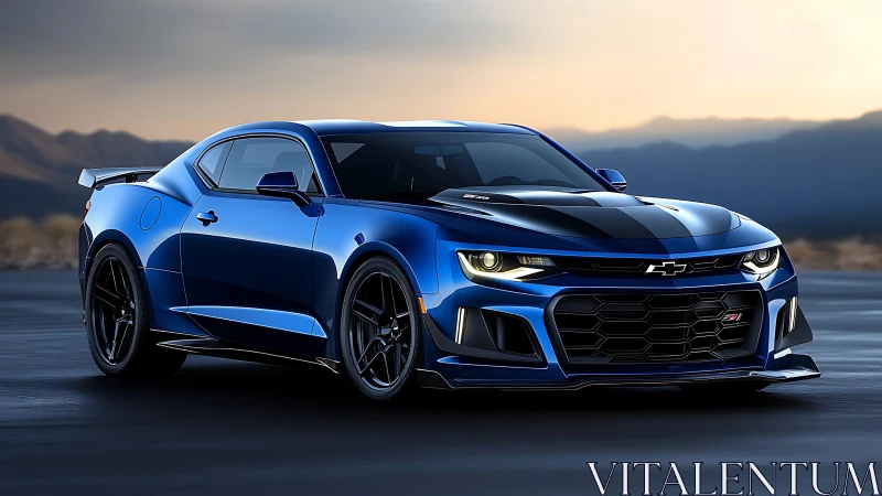 Sleek blue muscle car rests on open desert highway at dusk.