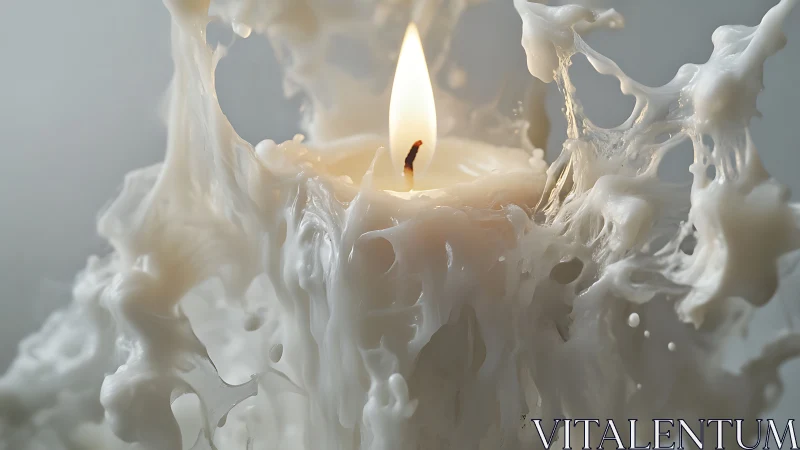 Molten white candle flame rises from chaotic wax splash