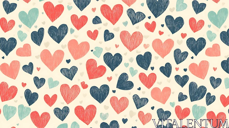 Scattered Hearts Pattern in Coral, Navy, and Mint Tones