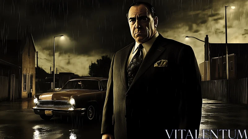 Noir crime boss in rainlit alley beside vintage sedan at night