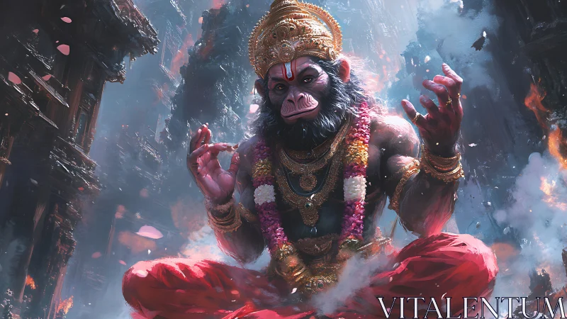 Mythic simian deity in meditative combustion vortex panorama.