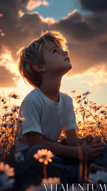 Boy in wildflower field under glowing sunset sky.