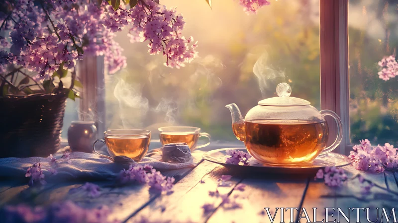 Blossom kissed sunrise tea ritual by a glowing garden window.
