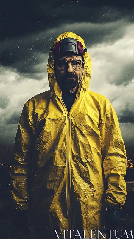 Storm-lit figure in yellow hazmat suit faces the night.