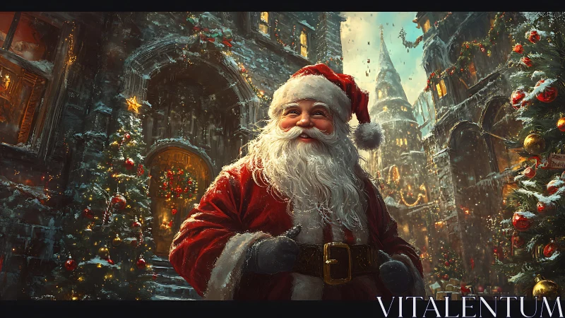 Smiling Santa walks through a glowing, snowlit Christmas street