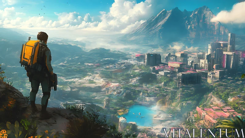 Solitary explorer surveying neo-futurist jungle megacity basin