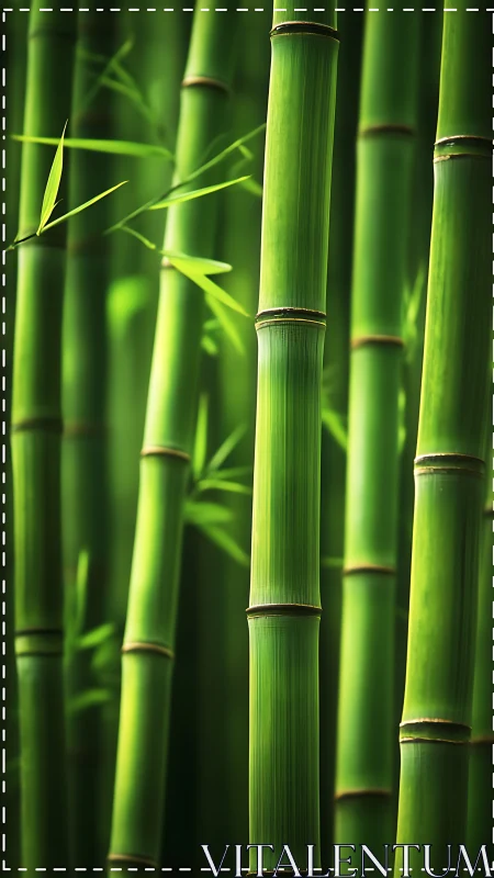 Vertical green bamboo stalks stand densely in soft focus