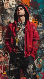 Urban streetwear portrait against layered graffiti collage backdrop