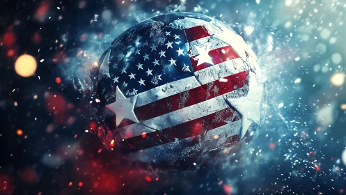 Star-spangled soccer sphere blazing through cosmic sparks.