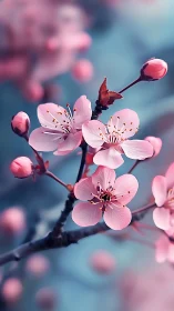 Pink Cherry Blossoms Branch Against Blue Background
