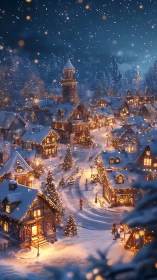 Snowlit Christmas village under warm festive lantern glow.