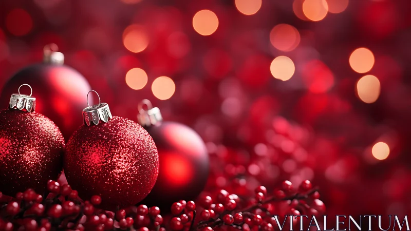 Red Christmas ornaments on berries with soft bokeh background.