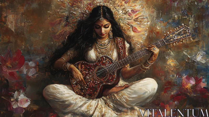 Lotus strings and celestial gold: serene goddess guitarist.