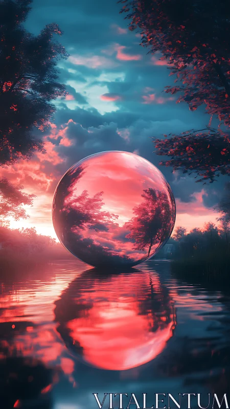 Chromatic refraction sphere over bifurcated sunset wetland.