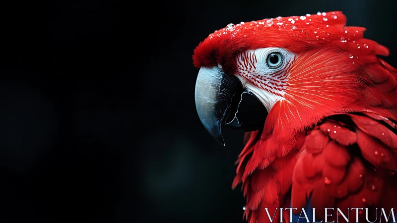 Scarlet macaw portrait with water droplets, vivid realism style.