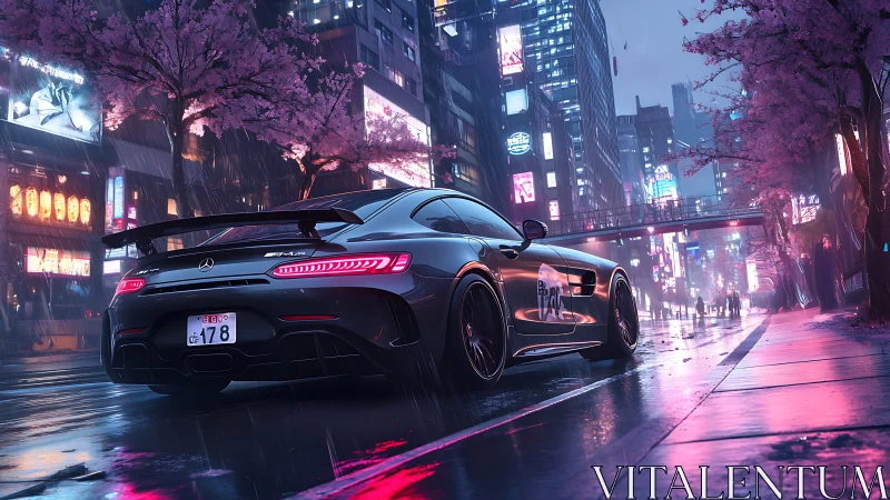 Neon storm sprint: silver supercar under cherry rain.