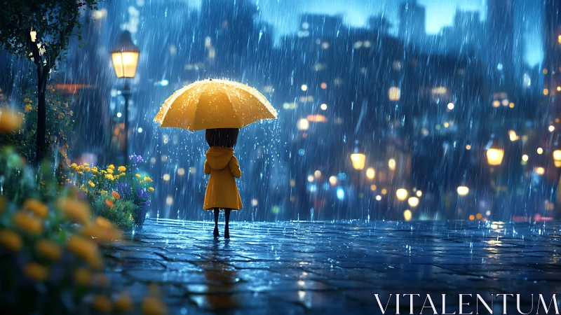 Child in yellow raincoat stands under umbrella on wet city lane