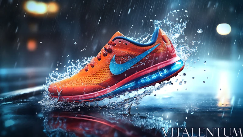 Neon-orange runner slices stormy puddles in electric motion