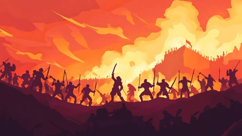 Blazing siege lines clash beneath a storm of molten sky.