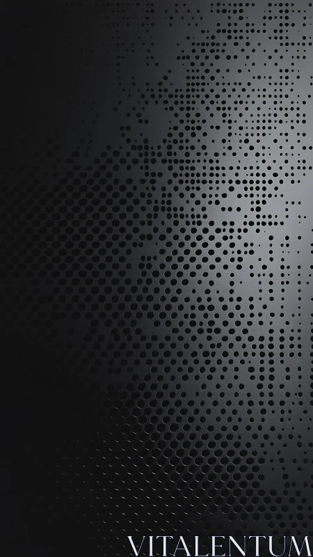 Dark gradient grid of circular perforations on metal panel.