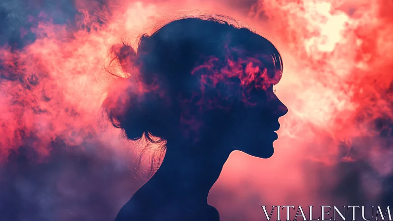 Female silhouette dissolves into neon red vapor clouds.