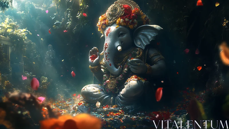 Divine stone Ganesh idol in luminous jungle shrine glow.