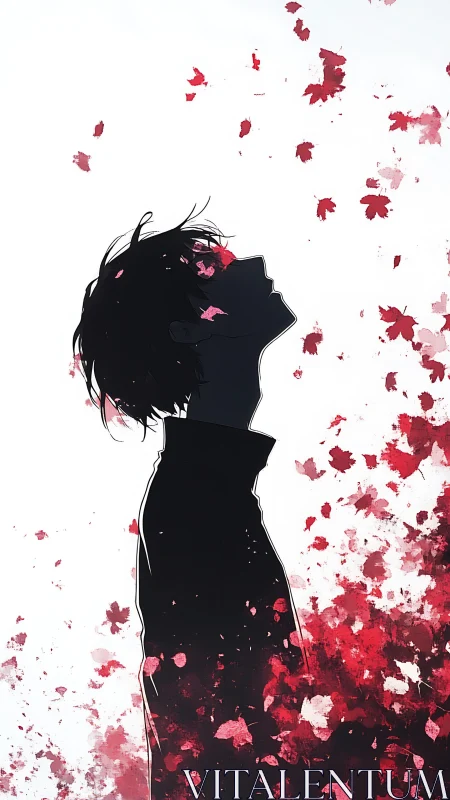 Silhouetted figure in crimson petals and negative space field.