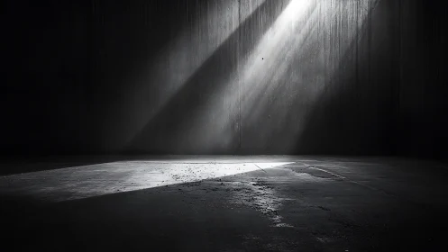 Sunbeam cuts across dark concrete room and floor surface