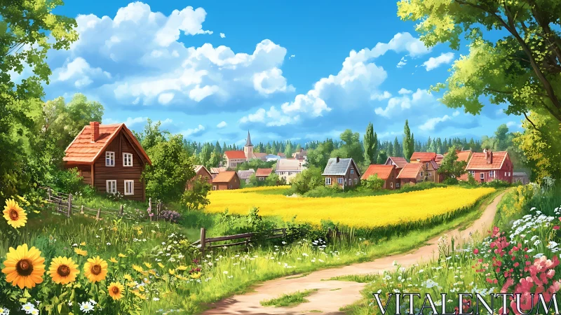 Luminous rural village panorama with floral field dynamics.