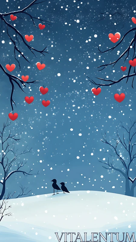 Winter Solitude: Two Birds Under Falling Hearts and Snow