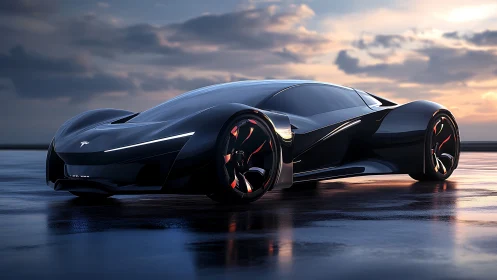 Aerodynamic black EV hypercar rendered in reflective sunset lighting