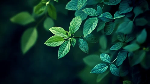 Botanical close-up with luminous foliage on deep bokeh field.
