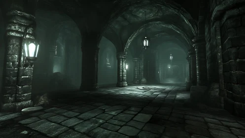 Moody stone corridors glowing with quiet, enchanted light.
