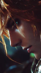 Golden haired warrior gazes down in quiet, vivid focus