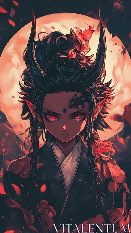 Horned red-eyed figure before full moon in stylized portrait.