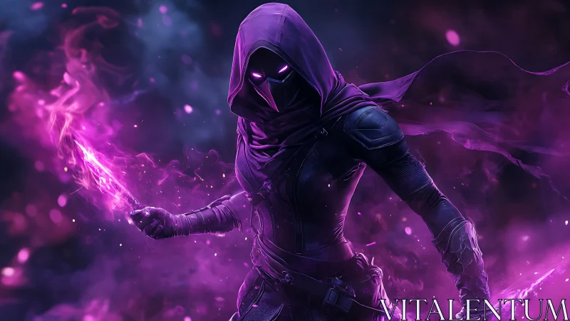 Mystic rogue wrapped in violet fire and swirling shadowed light.