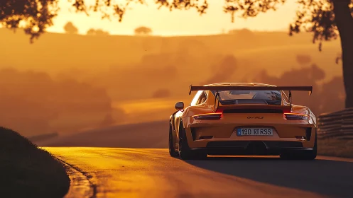 Sunlit track hunter car chases the horizon in molten gold.