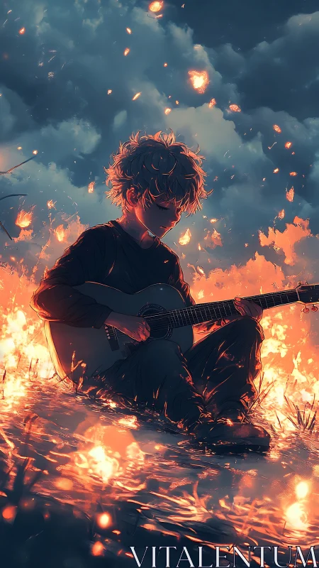 Teen guitarist sitting in glowing embers under dark sky.