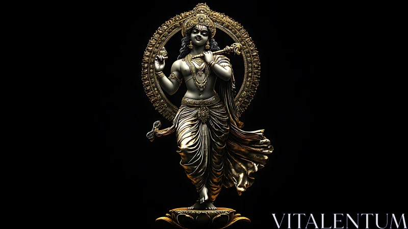 Divine metallic flute player statue stands in ornate halo ring