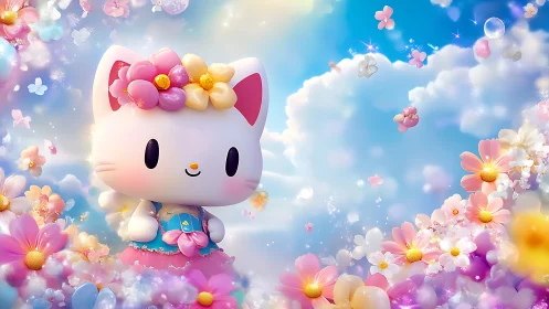 Pastel-rendered chibi cat avatar in floral cloudscape panorama.