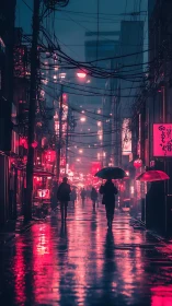 Neon rainwalkers under tangled wires in a midnight alley.
