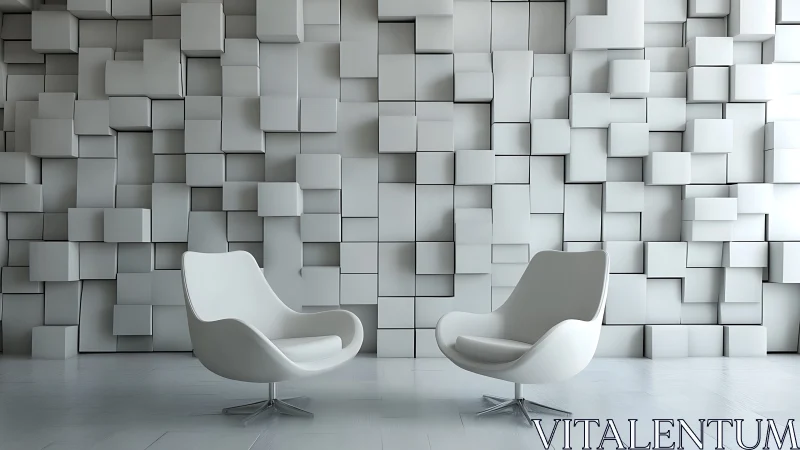 Modern interior with sculptural chairs and geometric wall installation.