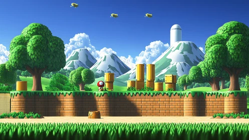 Colorful mushroom hero explores sunny pixel hills and pipes