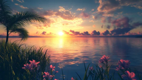 Wide-angle tropical sunset over calm water with saturated color grading