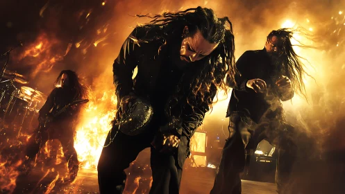 Intense metal band performance with pyrotechnic flame backline