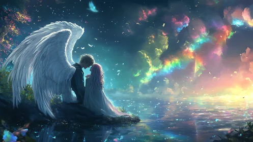 Winged figure and seated girl by illuminated lakeside sky.