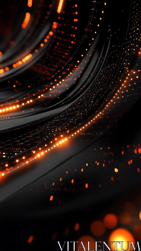 Parametric black surfaces with flowing orange light trails.