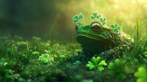 Emerald forest frog crowned with clover under diffuse sunrise light